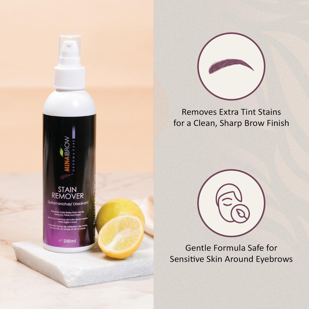 MinaiBrow Mina Henna Tint Stain Remover in action on eyebrow area for precise color correction.