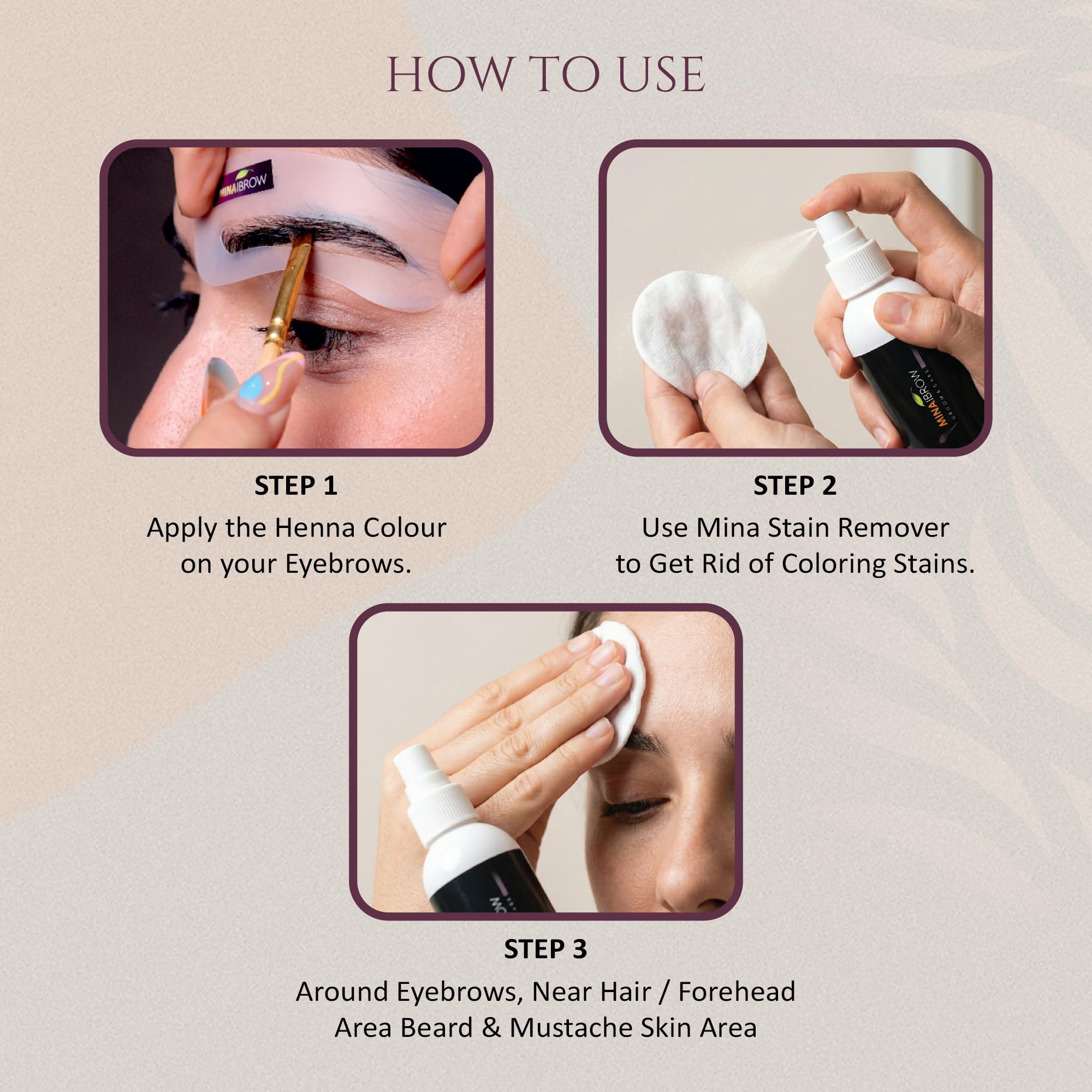 MinaiBrow Mina Henna Tint Stain Remover lemon oil close-up highlights natural ingredients.