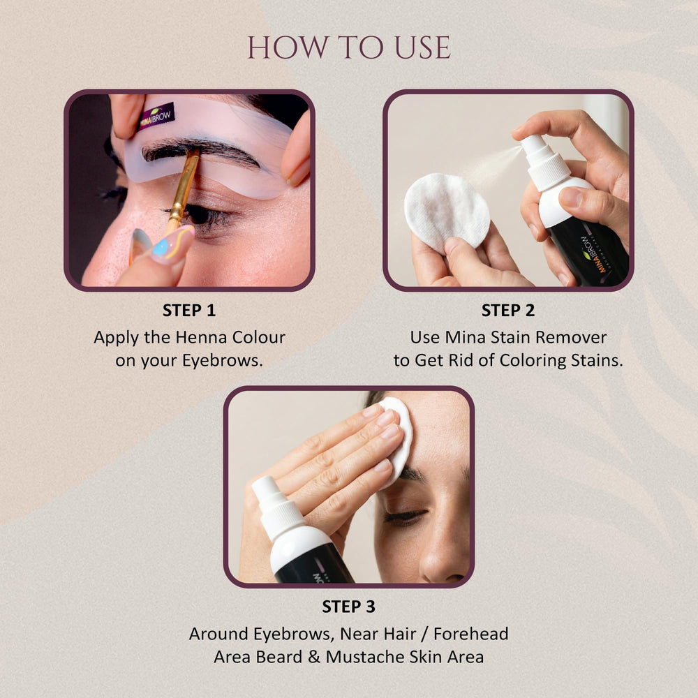 MinaiBrow Mina Henna Tint Stain Remover lemon oil close-up highlights natural ingredients.