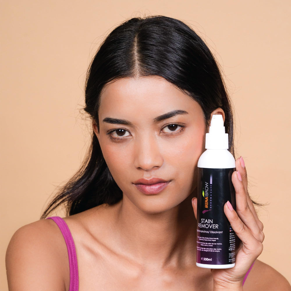 MinaiBrow Mina Henna Tint Stain Remover skin-around-eyebrow close-up shows gentle touch.