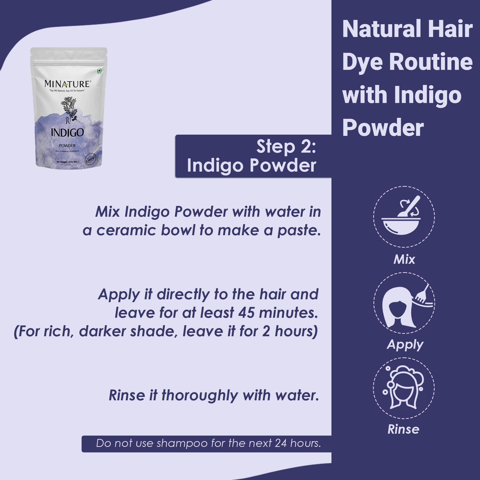 Mi Nature Indigo Leaf Powder applied to hair for initial darkening.