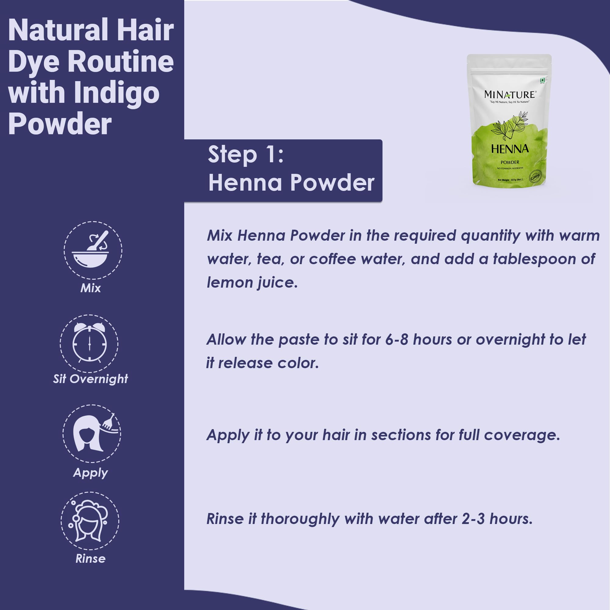 Mi Nature Indigo Leaf Powder color test strip previews shade potential.