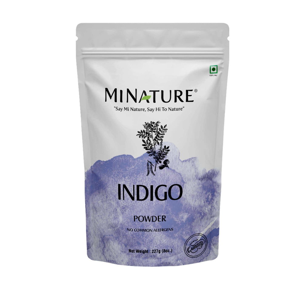 Mi Nature Indigo Leaf Powder jar showing pure tint for dark hair color.