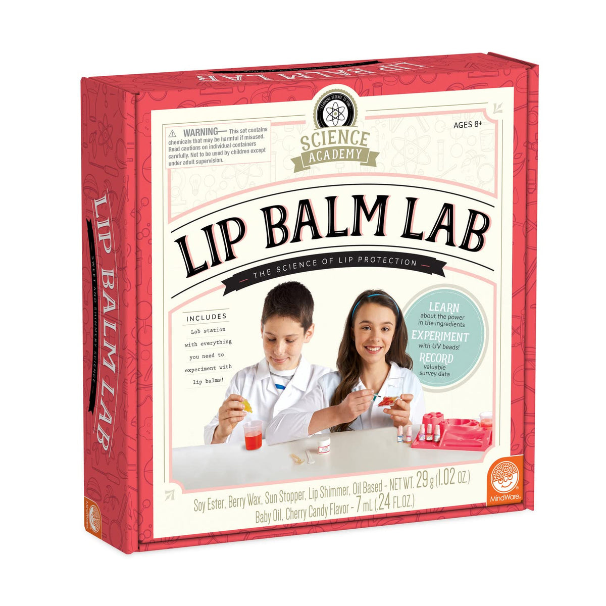 MindWare Lip Balm Lab Kit setup showing a tidy work station for kid-friendly cosmetic science