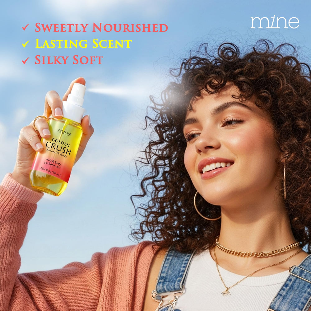 Mine spray application showing easy 2-3 spritzes for hair and body