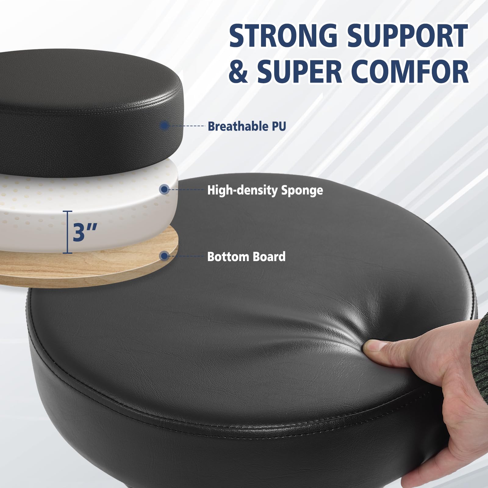 Mineloff seating detail shows 3 inch thick bonded leather padding.