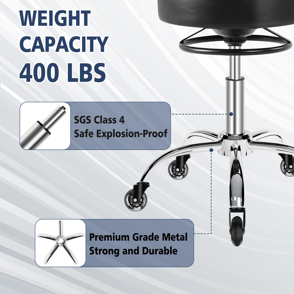 Mineloff rolling stool in tattoo studio demonstrates long session comfort.