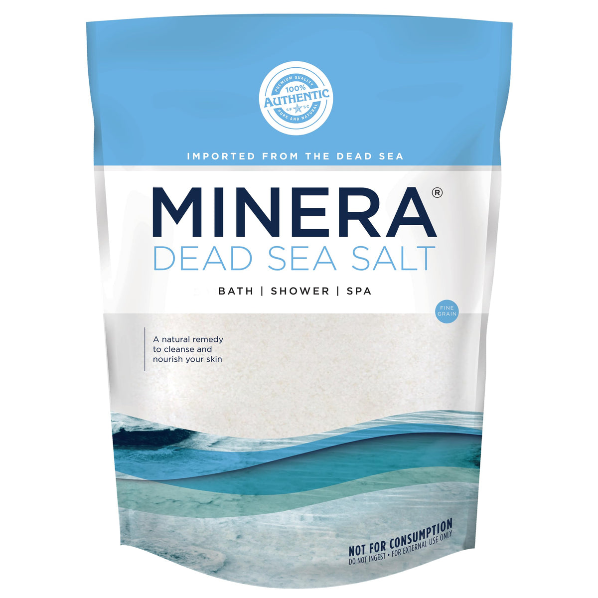 Minera Dead Sea Salt 19lb bulk packaging shown for home spa-grade baths.