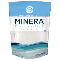 Minera Dead Sea Salt 19lb bulk packaging shown for home spa-grade baths.