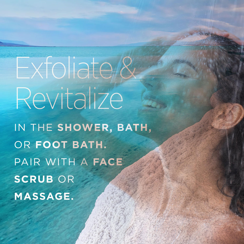 Minera Dead Sea Salt with olive oil for gentle exfoliation and hydration boost.