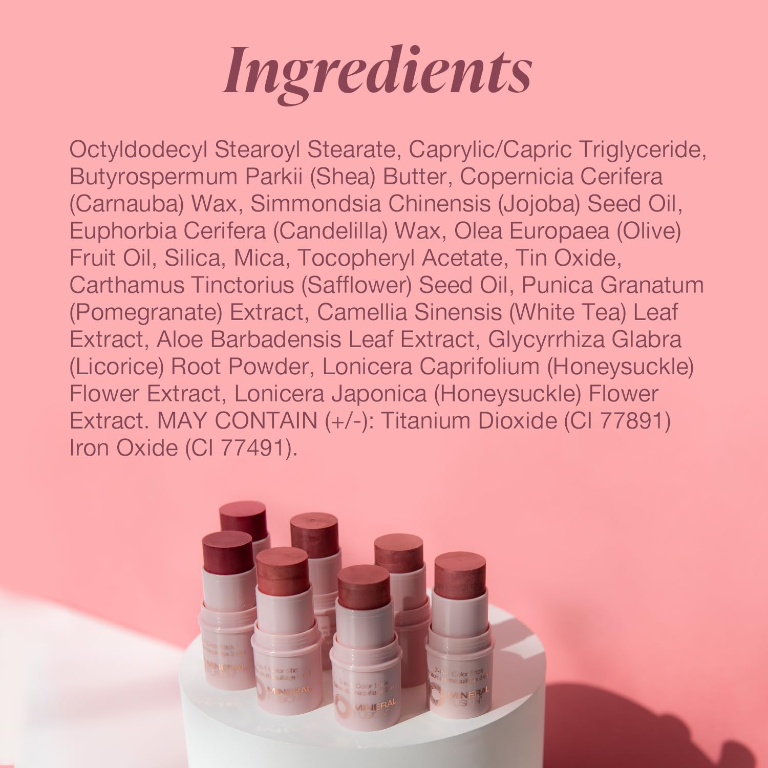 Mineral Fusion 3-in-1 Color Stick uses natural botanicals for gentle color.