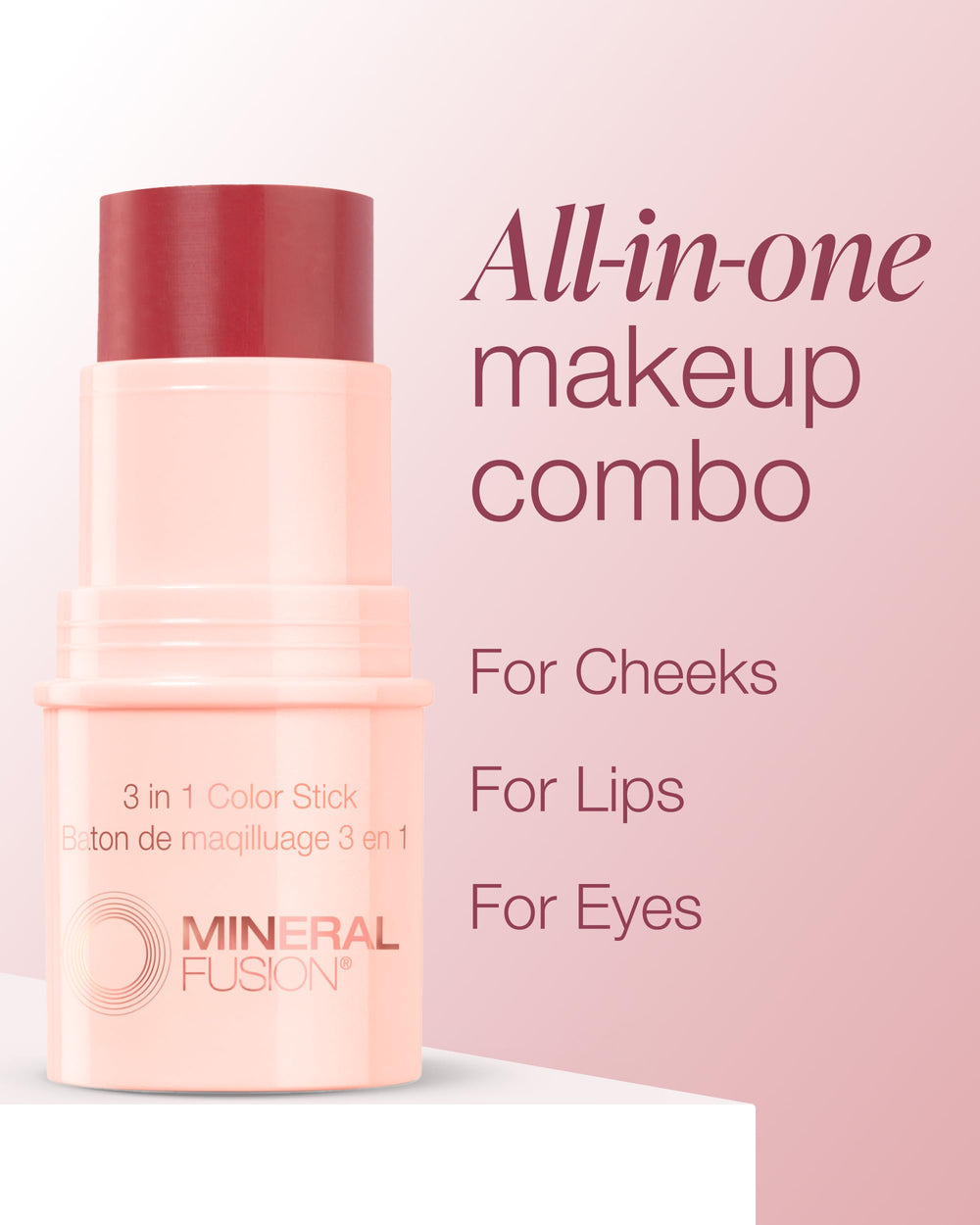 Mineral Fusion 3-in-1 Color Stick Berry Glow eye-shade adds subtle shimmer with buildable intensity