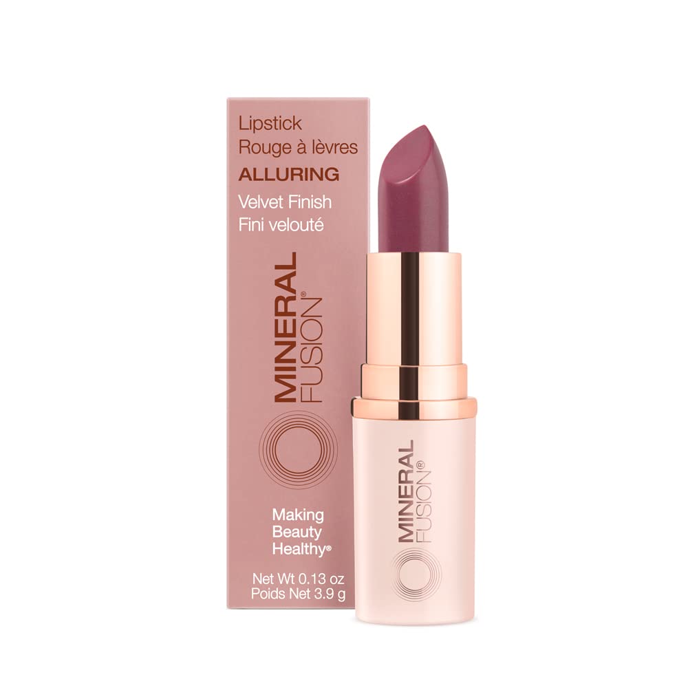 Mineral Fusion Alluring lipstick swatches show bold color and smooth texture.