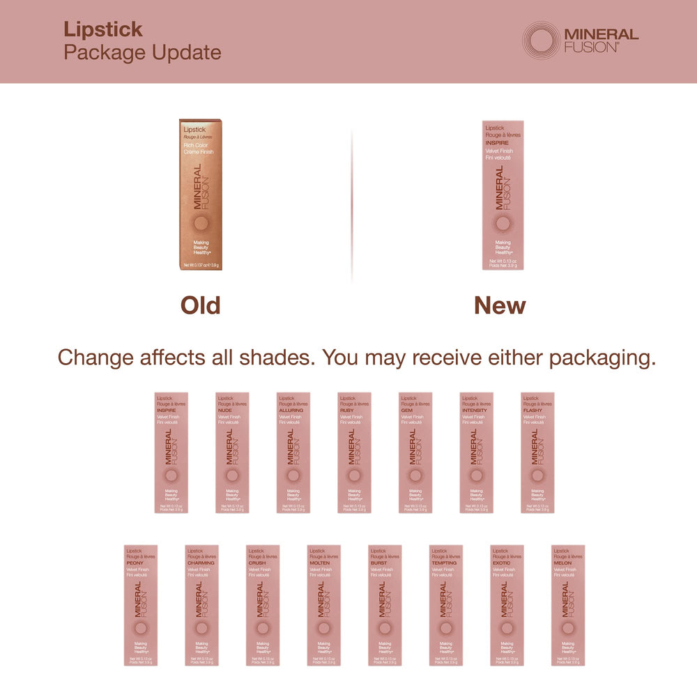 Mineral Fusion Alluring lipstick is vegan and cruelty-free for confident color.