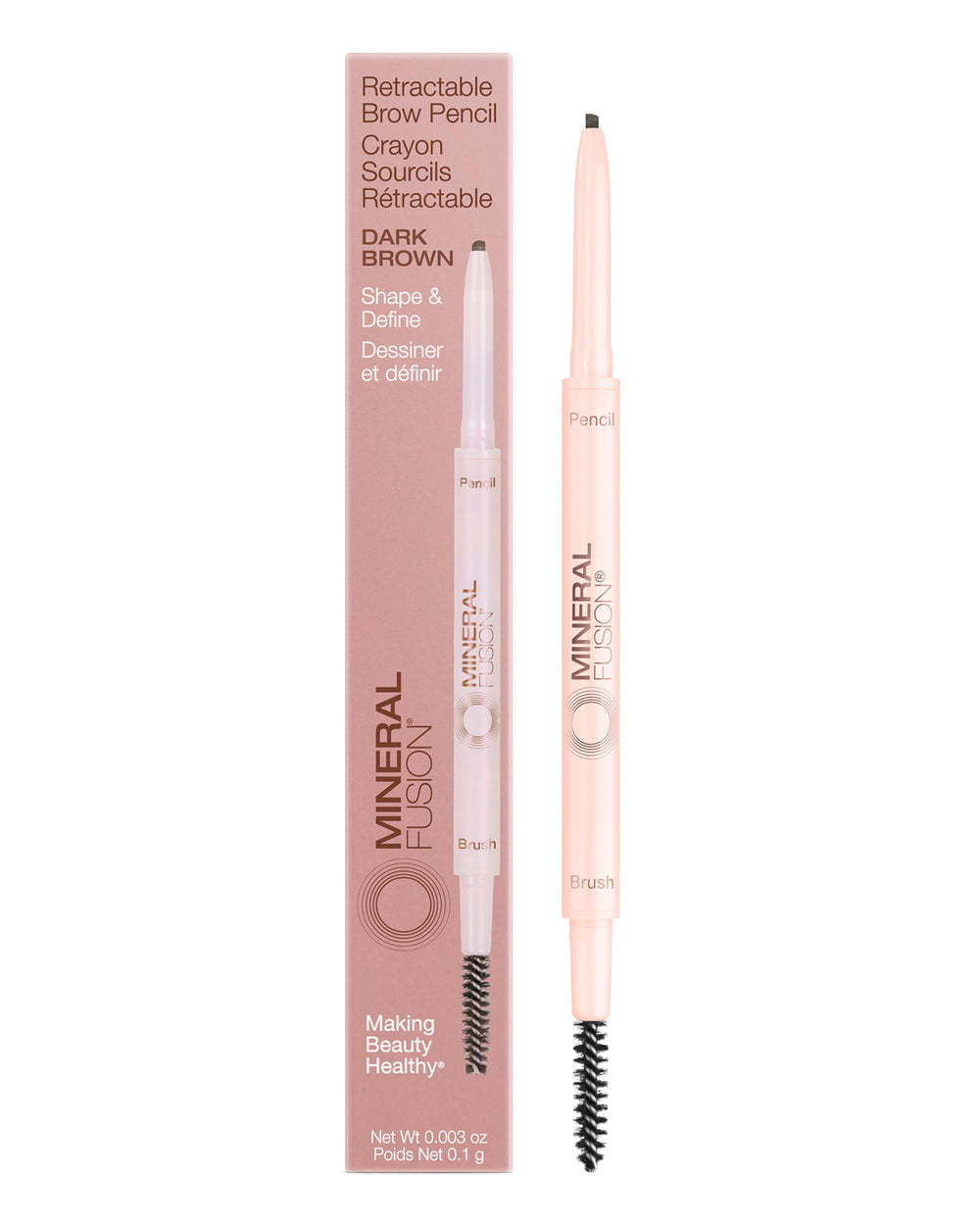 Mineral Fusion brow pencil dark brown close-up showing precise tip for natural shape.