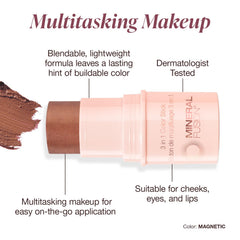 Mineral Fusion Color Stick applied on cheeks, eyes, lips for instant color.
