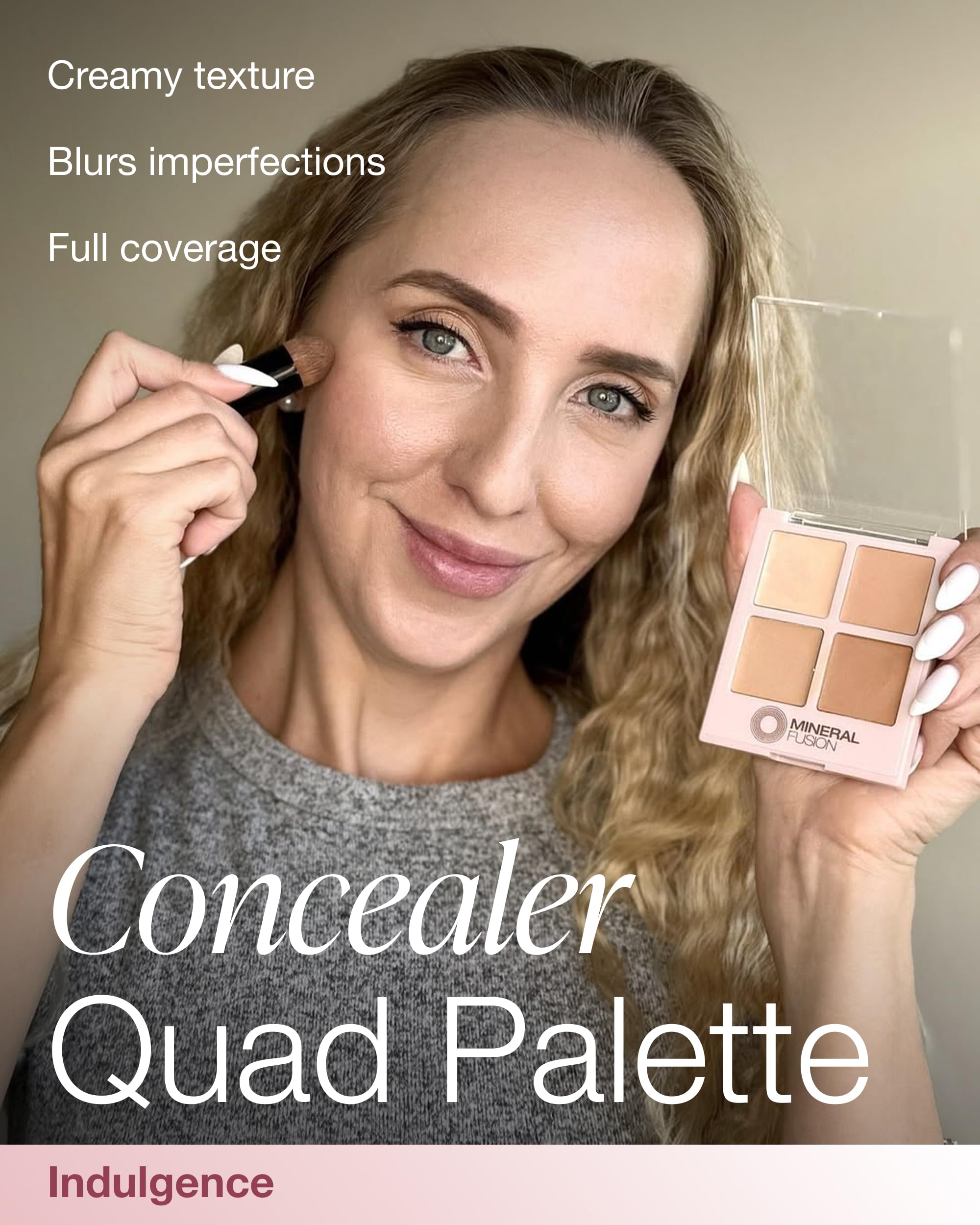 Mineral Fusion Concealer Palette Indulgence swatches reveal four light-to-neutral shades for customizable matching.