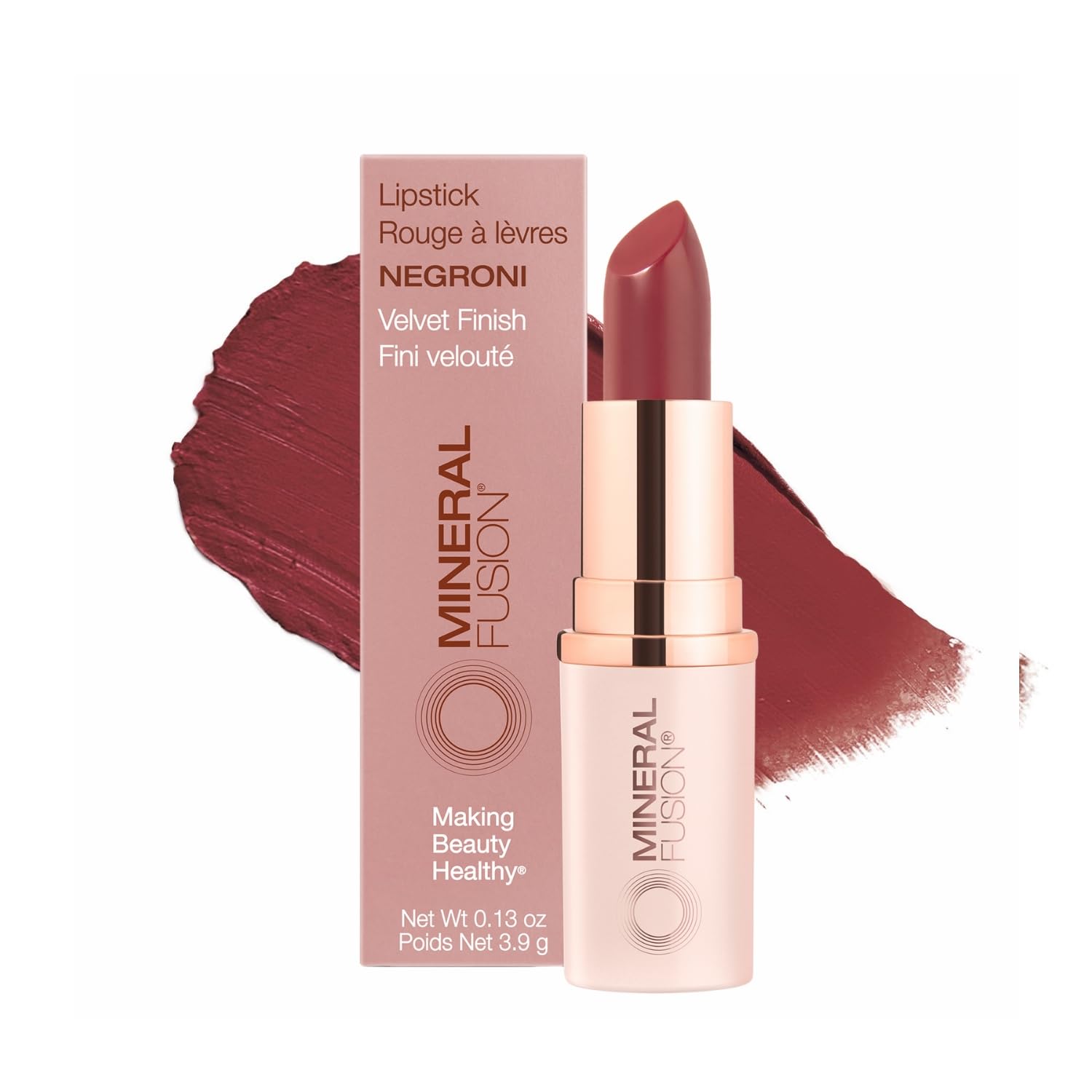 Mineral Fusion Lipstick Negroni packshot shows vibrant satin color and long-lasting wear