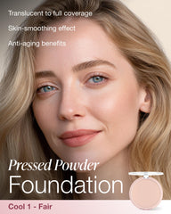 Mineral Fusion pressed powder application with brush for natural glow and shine control