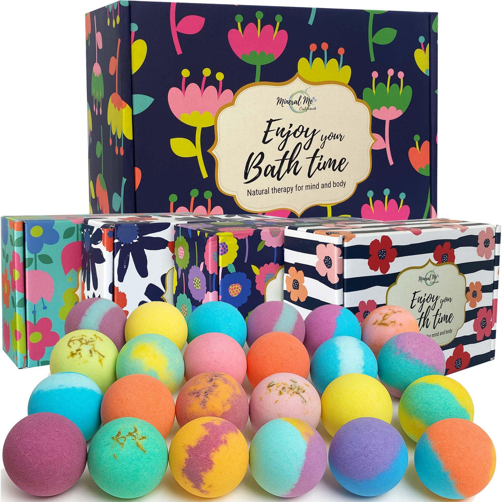 Mineral Me California bath bombs gift set 24-pack in a decorative box for relaxing baths.
