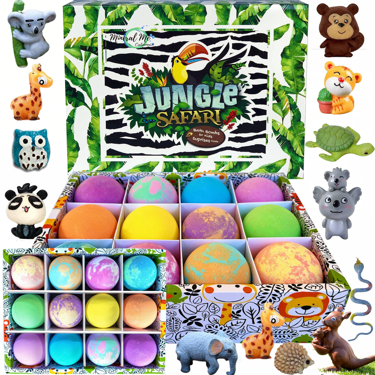 Mineral Me California bath bombs reveal jungle animal toys inside as they fizz.