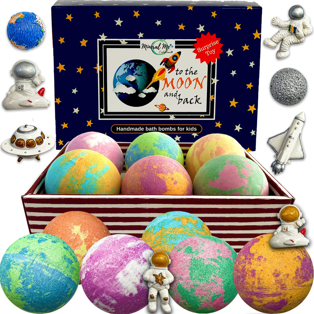 Mineral Me California Galaxy Bath Bombs packaging with colorful surprises for kids.