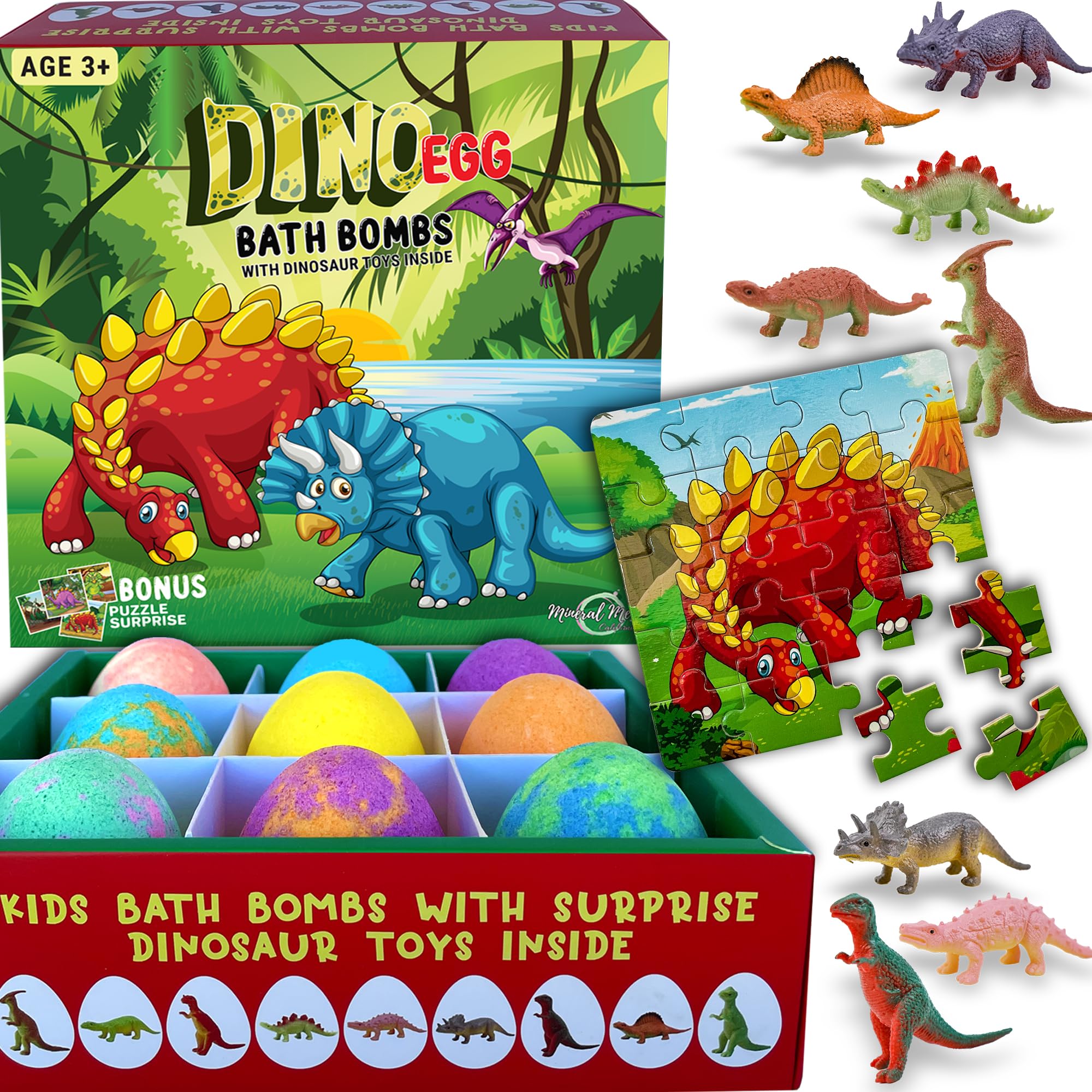 Mineral Me California bath bombs with dino toy inside spark imaginative bath play