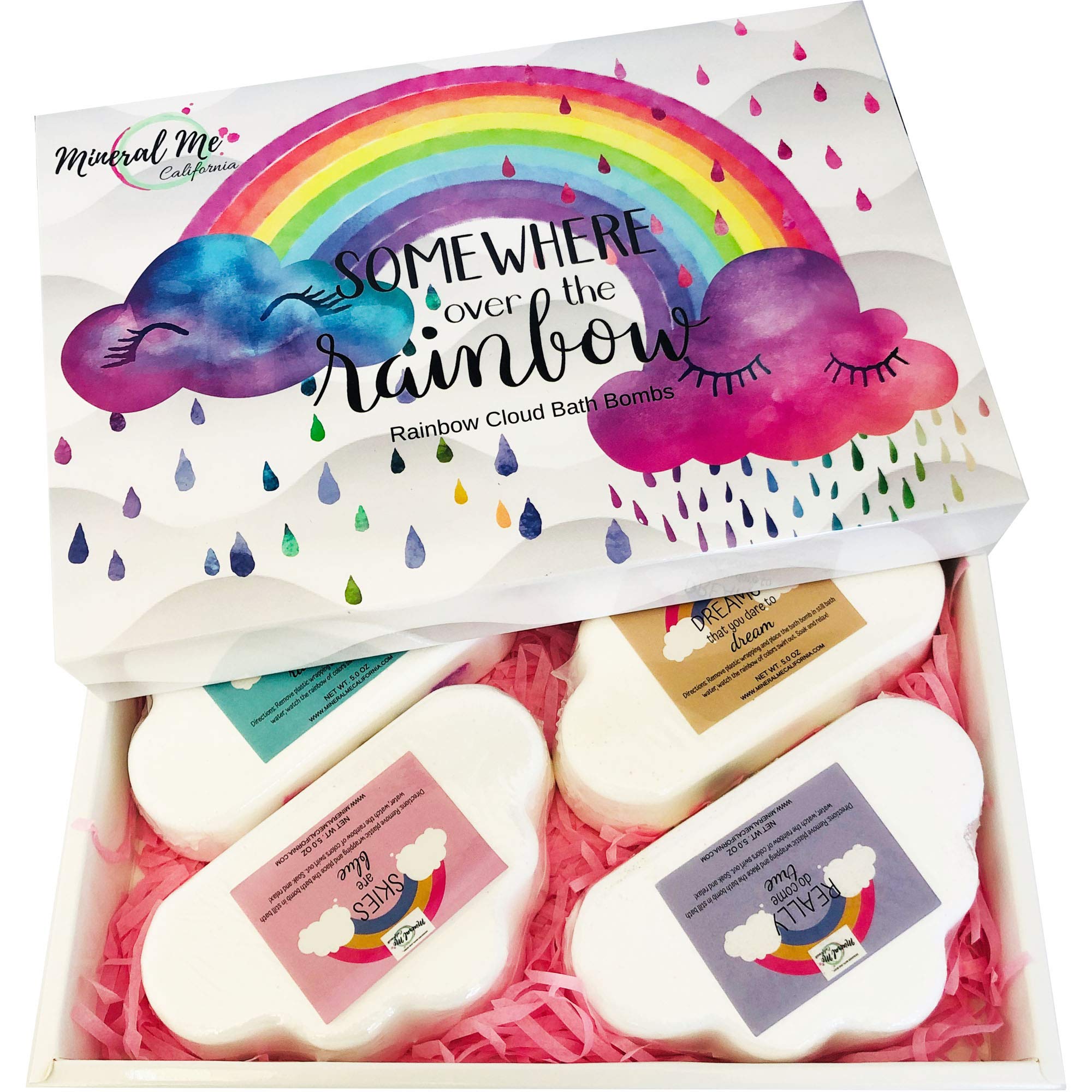Mineral Me California rainbow-cloud bath bomb unicorn-4pack creates colorful kid-friendly bath time