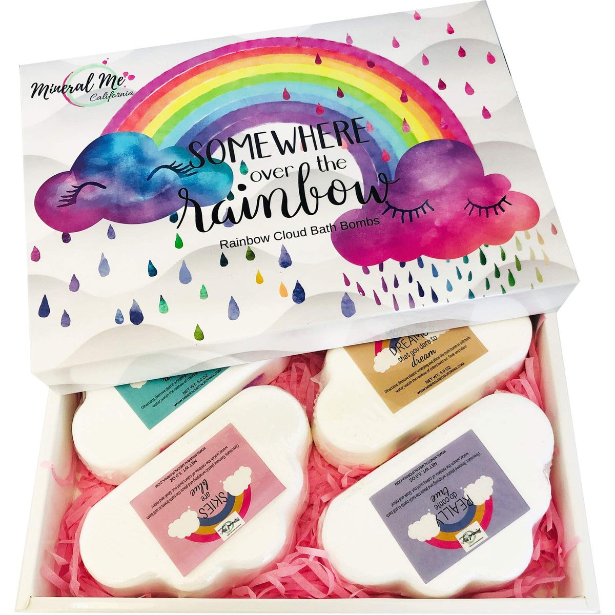 Mineral Me California rainbow-cloud bath bomb unicorn-4pack creates colorful kid-friendly bath time