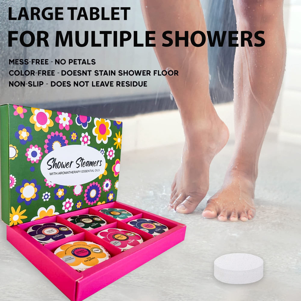 Mineral Me California shower steamer in shower corner releasing aromatic vapor.