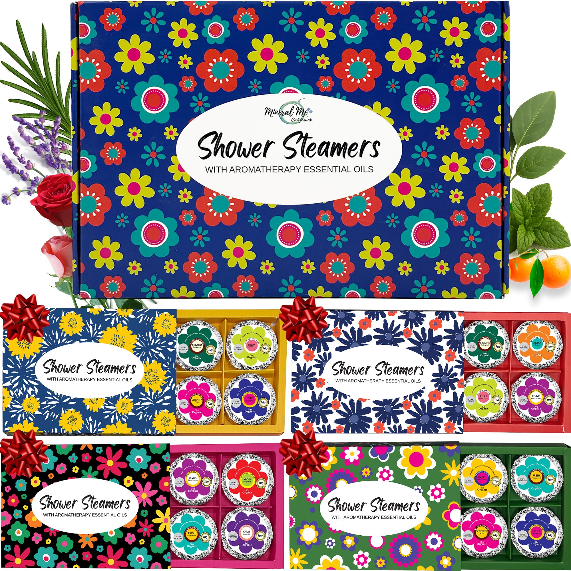 Mineral Me California shower steamers 24-pack boxes with gift-ready packaging for easy gifting.