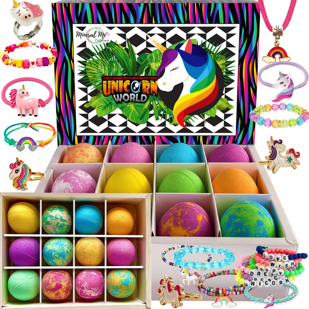 Mineral Me California unicorn bath bombs packaging shown as a gift-ready kit for kids