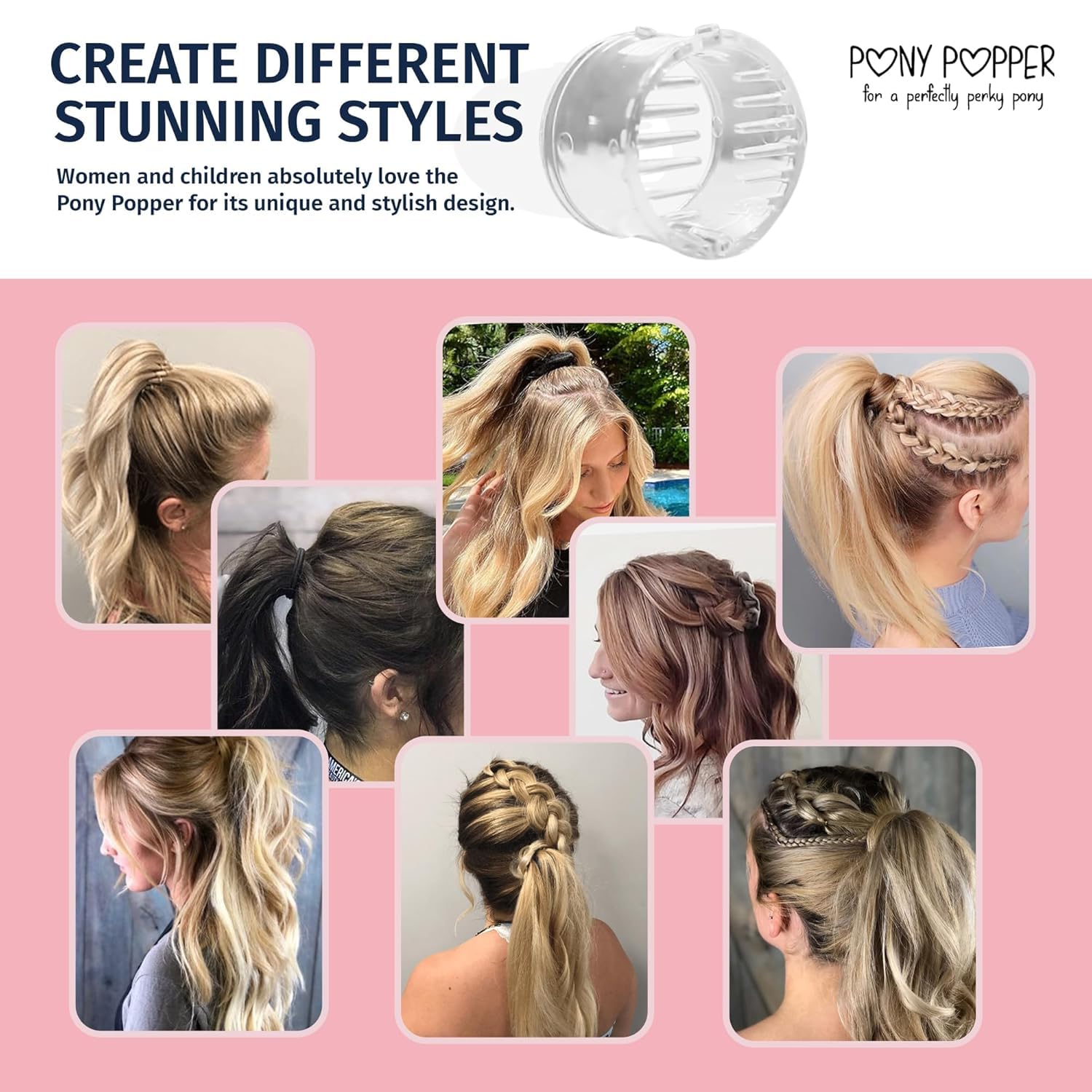 Mini Pony Popper easy-styling clip demonstrates quick, polished ponytail results.