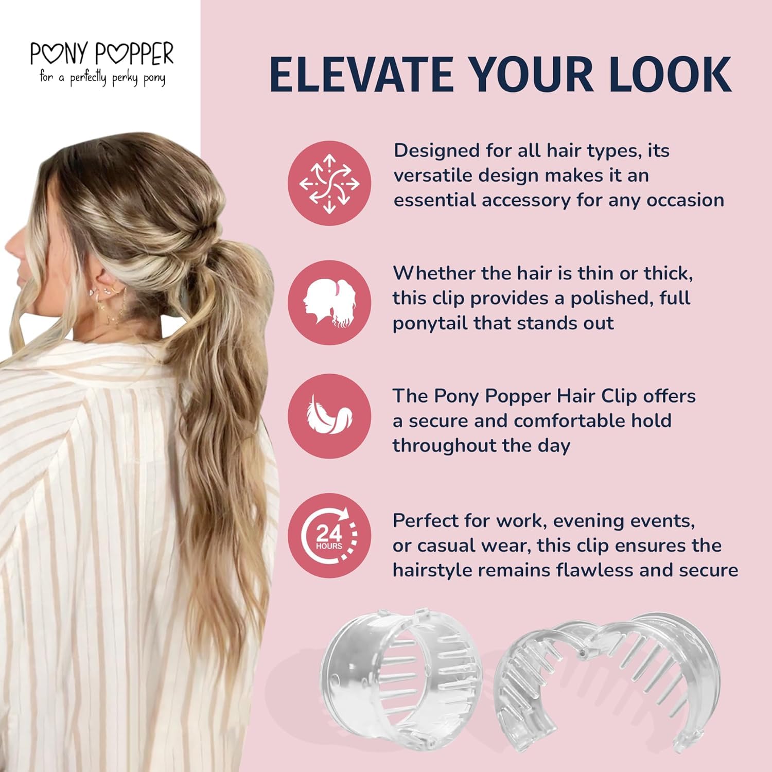 Mini Pony Popper travel-friendly clip fits in purse for on-the-go styling.