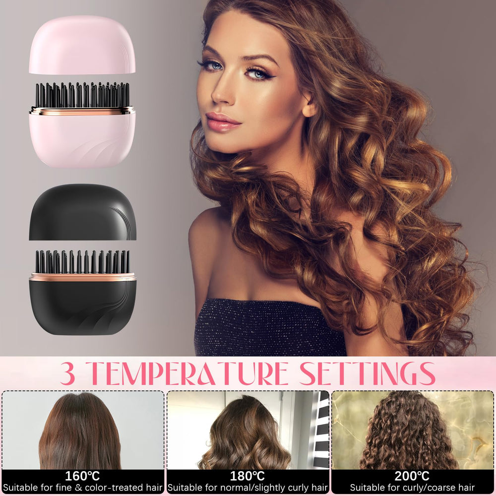 Mini Straightener compact-travel size beside makeup bag for on-the-go styling.