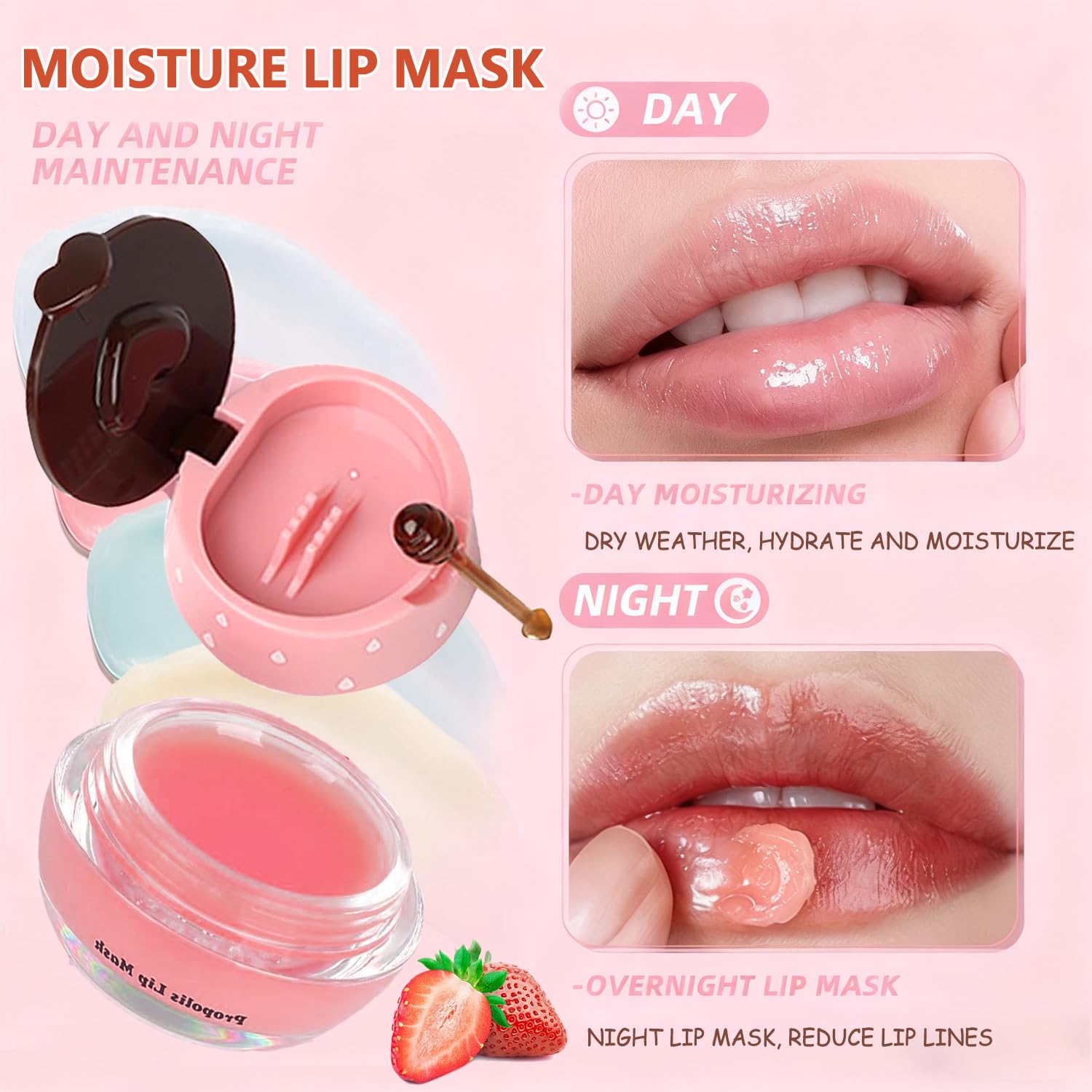 Miniling propolis strawberry lip balm closeup emphasizes natural nourishment for lips.