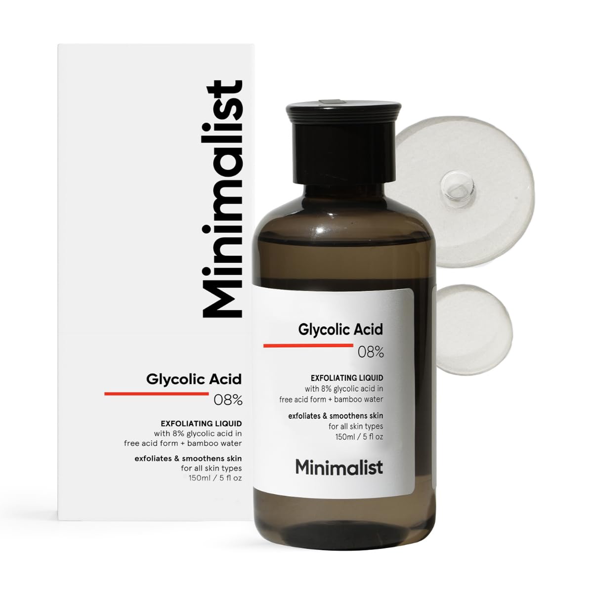 Minimalist 8% Glycolic Acid Toner bottle for nightly exfoliation and glow.
