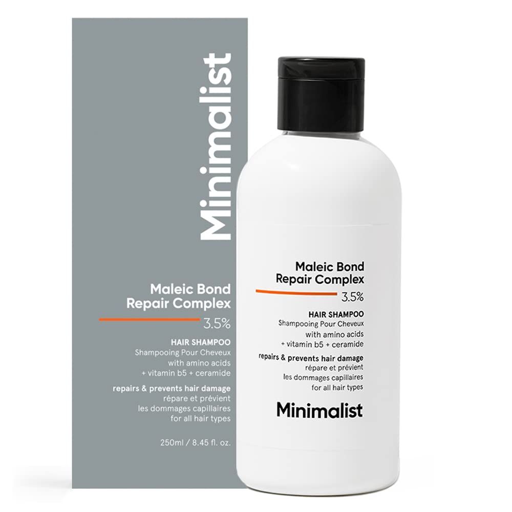 Minimalist hair shampoo bottle pour showing bond repair potential for damaged hair