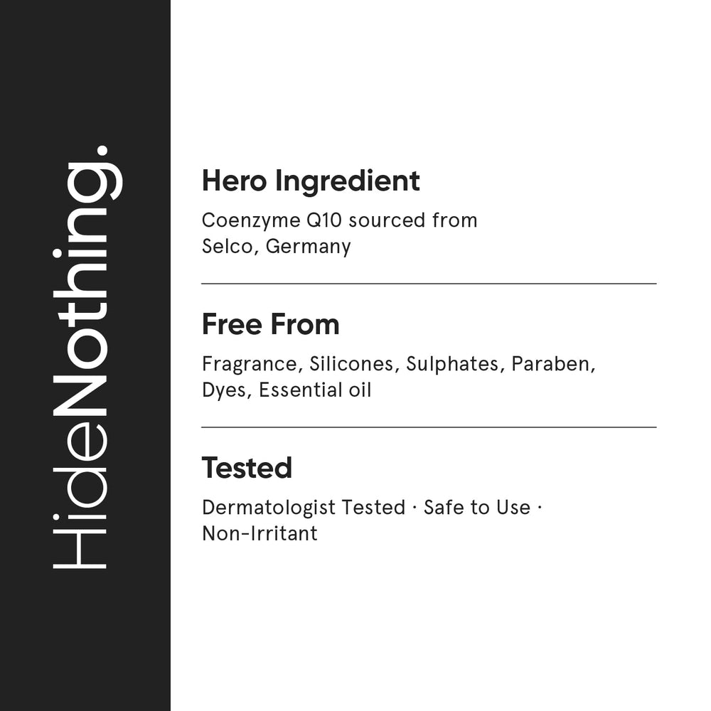 Minimalist ingredient icons emphasize CoQ10 and Vitamin E benefits.