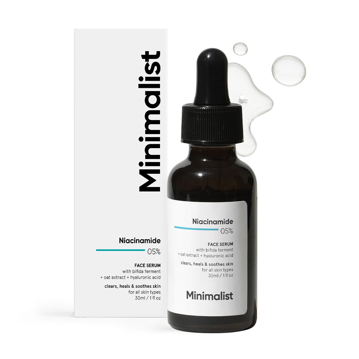Minimalist Niacinamide Serum bottle highlighting clear, hydrated skin and blemish reduction.