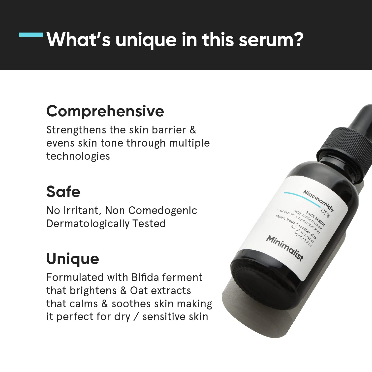 Minimalist Niacinamide Serum hydration drop emphasizing 1% hyaluronic acid for lasting moisture.