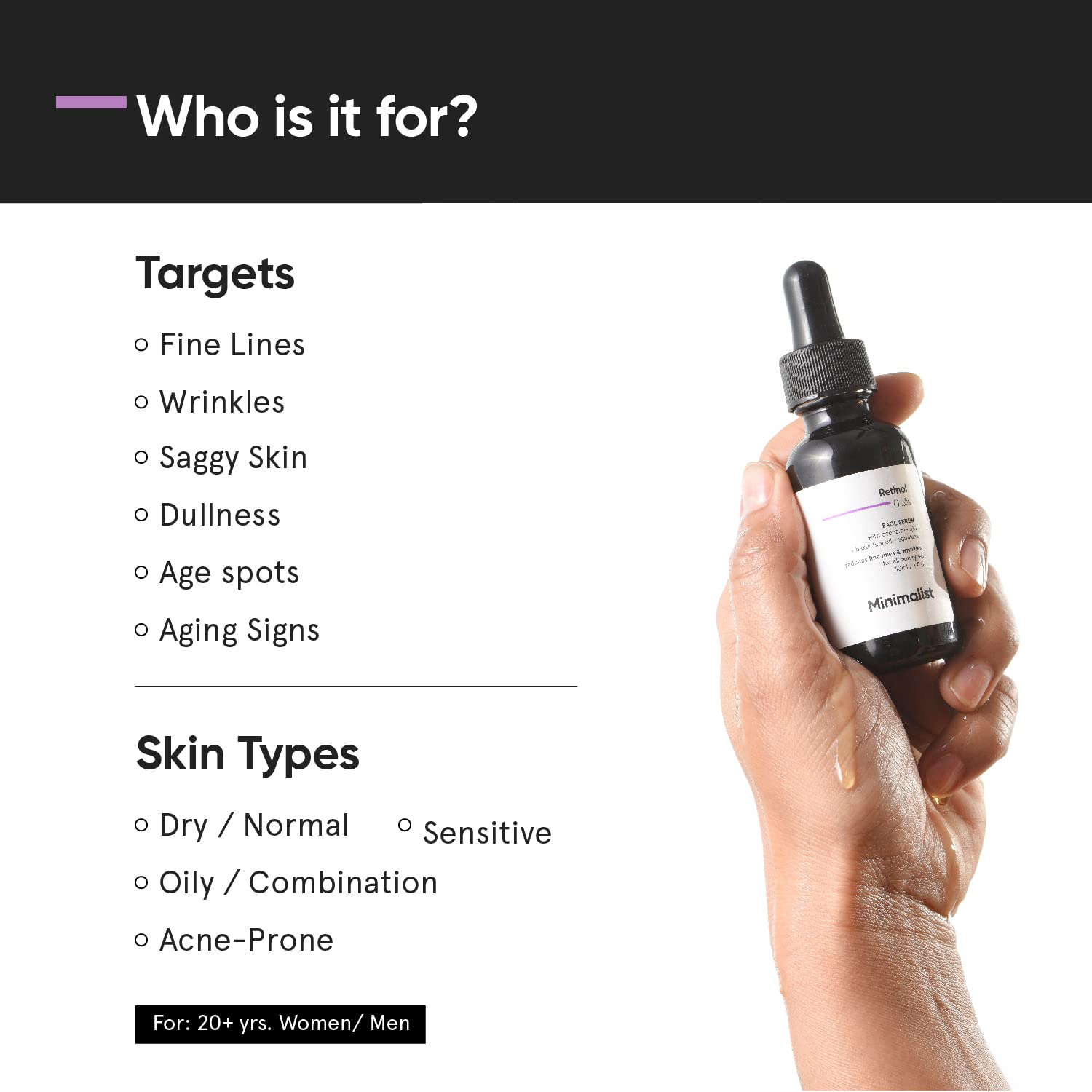 Minimalist retinol serum dropper image demonstrates precise application for even layering.