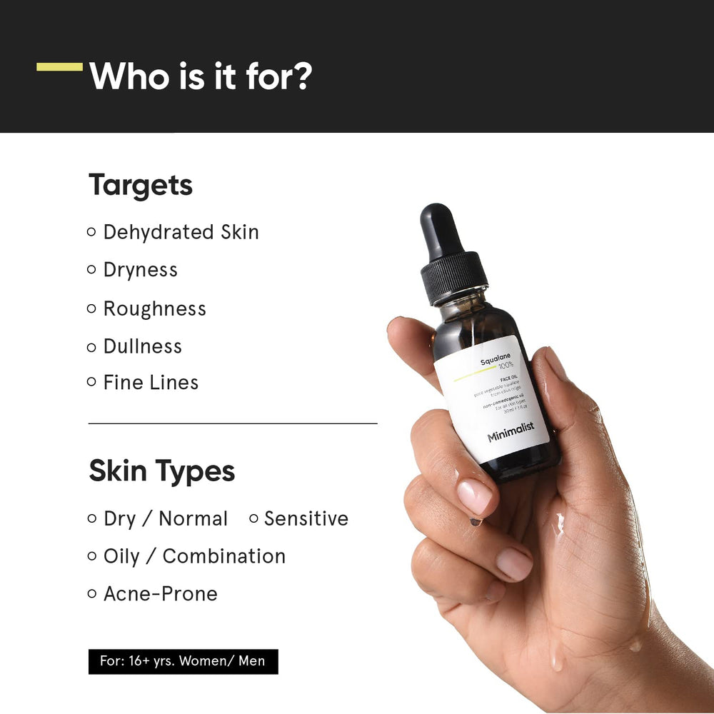 Minimalist Squalane on skin closeup demonstrates smooth, fast-absorbing nourishment.