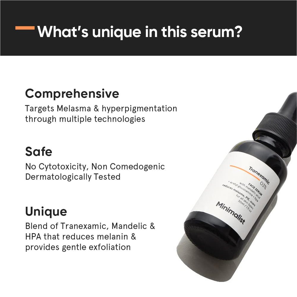 Minimalist Tranexamic Acid Serum application drops illustrate nightly-use routine.
