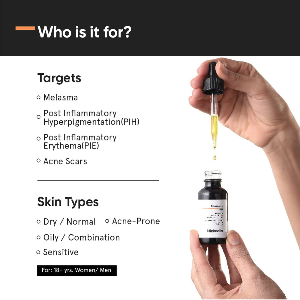 Minimalist Tranexamic Acid Serum texture close-up highlights lightweight, fast-absorbing formula.
