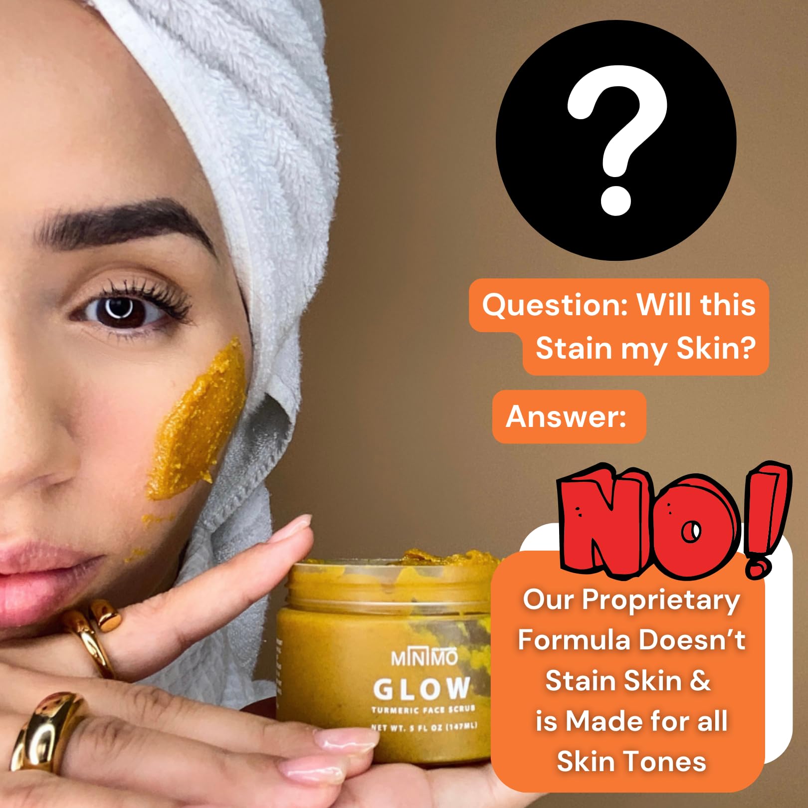 Minimo Glow Turmeric Face Scrub cinnamon-chamomile shot suggests calming, balanced exfoliation