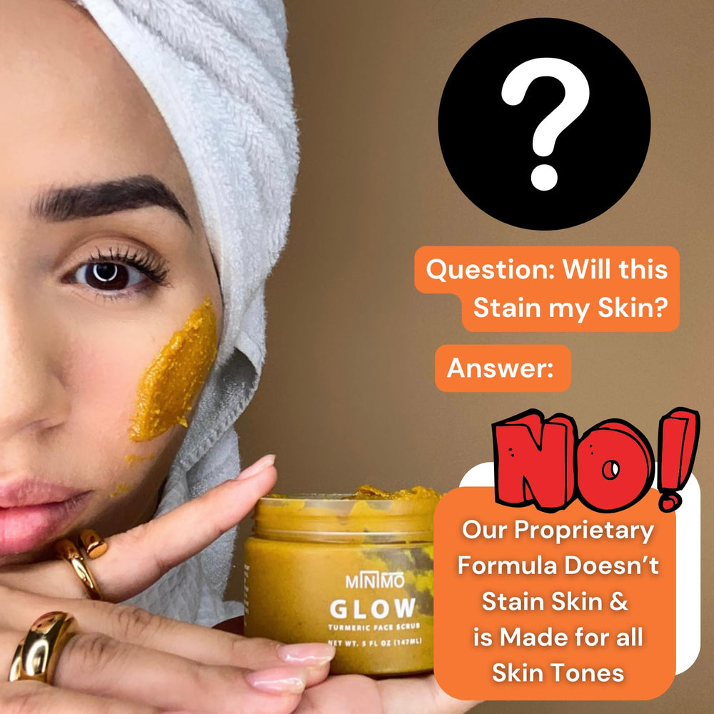 Minimo Glow Turmeric Face Scrub cinnamon-chamomile shot suggests calming, balanced exfoliation