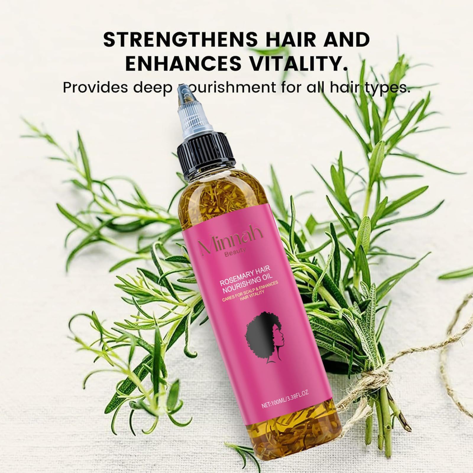 Minnah Beauty Castor oil visual emphasizes nourishing thickness support for hair strands.