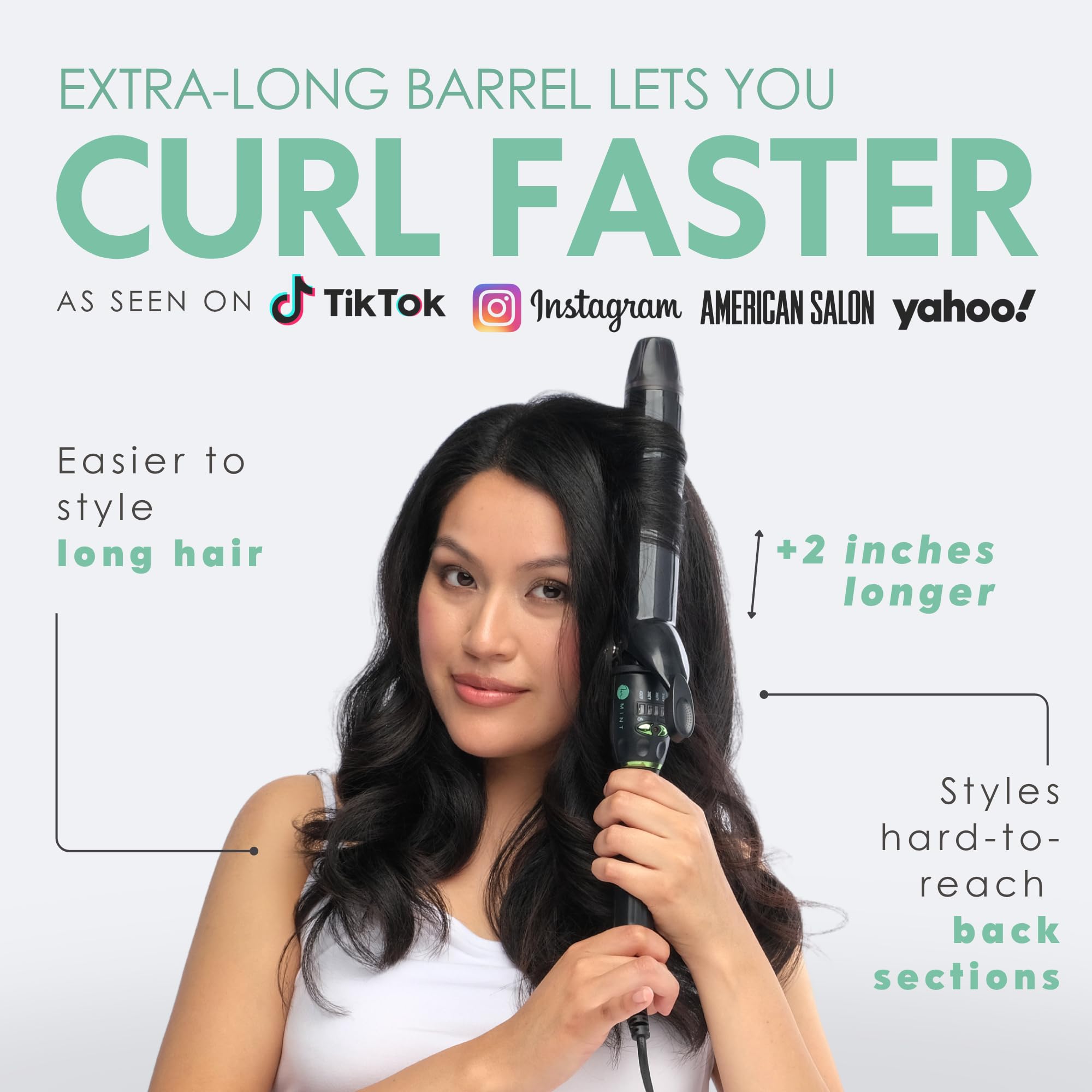 Mint extra-long barrel with EasyGlide clamp enables smooth curling.