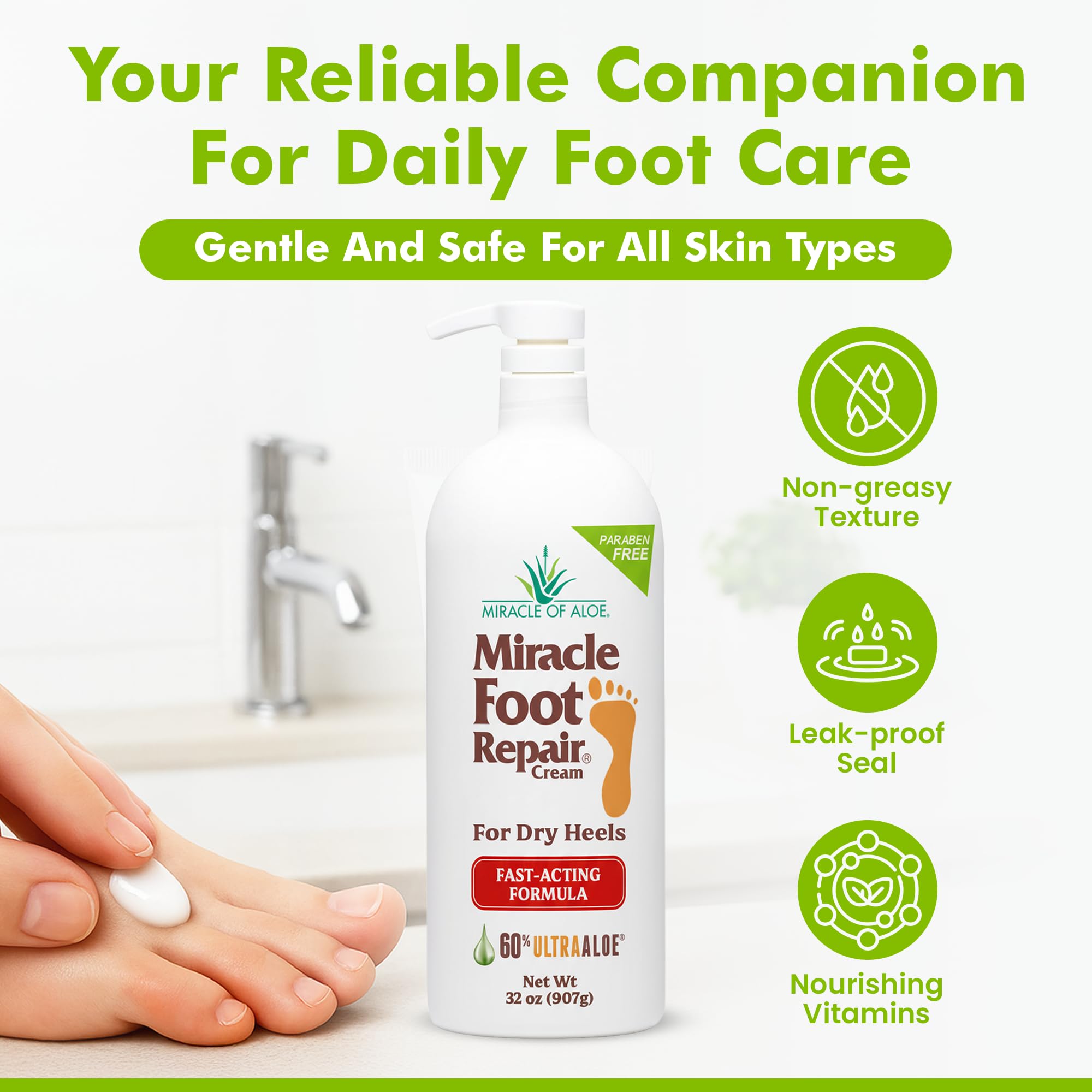 Miracle Foot Repair Cream close-up shows 60% Ultra Aloe for deep softness.